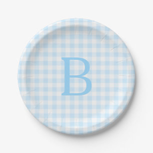 Plato De Papel Azul Pastel y Cuadros Blancos Monogramados