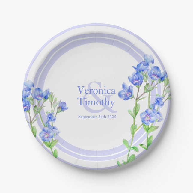 Plato De Papel azul personalizado Veronica Speedwell flor acuarel (Anverso)