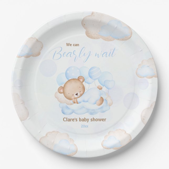 Plato De Papel Azul Podemos Embarear El Baby Shower Del Bear (Anverso)