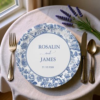 Plato De Papel Azul Polvo Toile Floral Personalizado Boda