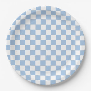 Plato De Papel Azul Polvo y Cuadros Blancos