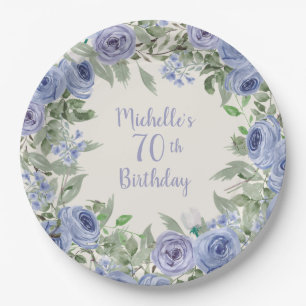 Plato De Papel Azul Polvoriento Aquarela Floral 70 Cumpleaños