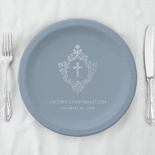 Plato De Papel Azul Polvoriento Confirmación Niño Cresta de Plata