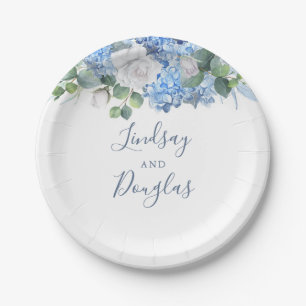 Plato De Papel Azul Polvoriento Floral Verdor Boda Hortensia