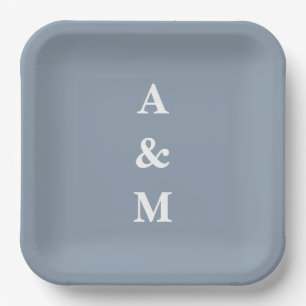 Plato De Papel Azul Polvoriento Monogramas Iniciales Elegante Bod
