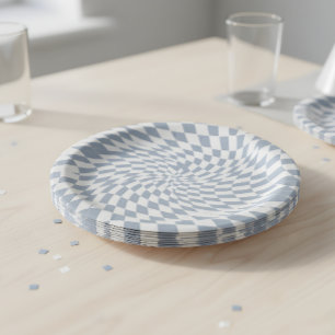 Plato De Papel Azul Polvoriento y Cremoso Remolino de Cuadrícula 