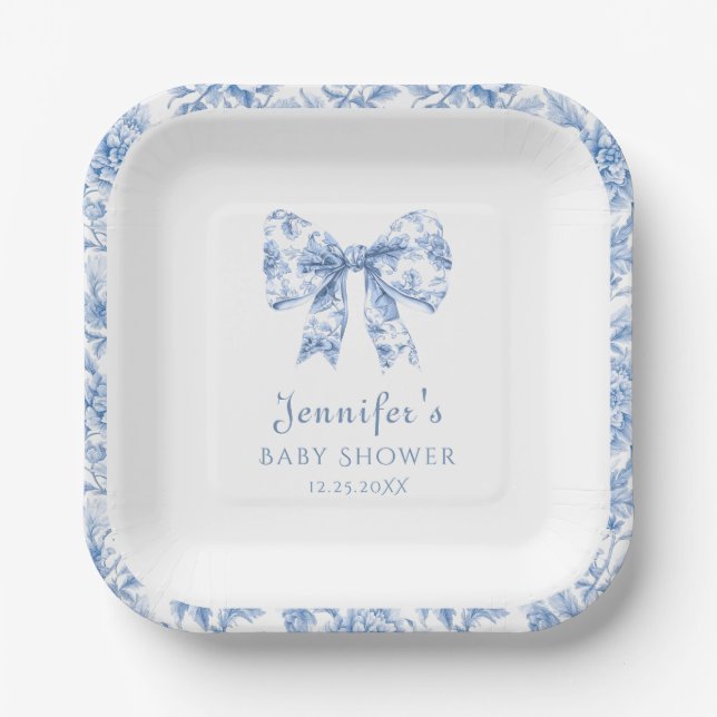 Plato De Papel Azul Porcelana Bow Floral Toile Baby Boy Ducha (Anverso)