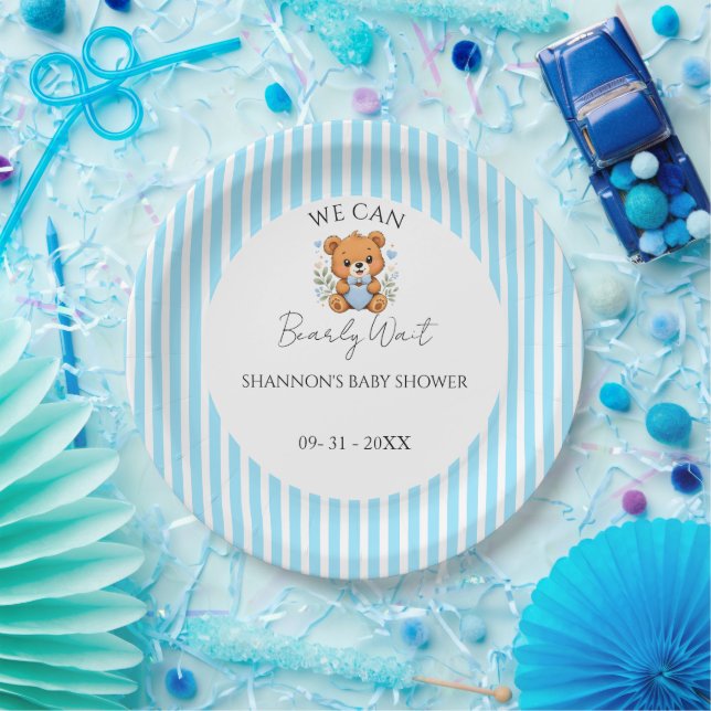 Plato De Papel Azul rayado apenas podemos esperar (Fiesta)