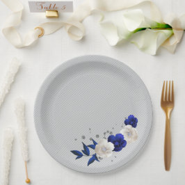 Plato De Papel azul real flores blancas gris