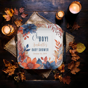Plato De Papel Azul   Terracota Oh Boy Fall Floral Baby Shower
