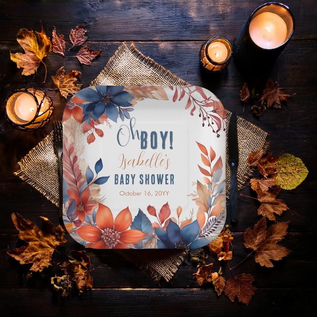 Plato De Papel Azul | Terracota Oh Boy Fall Floral Baby Shower (Boho Blue and Terracotta Fall |  Autumn Floral "Oh Boy!" Baby Shower Square Paper Plates)