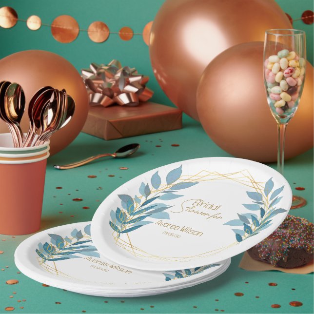 Plato De Papel Azul turquesa floral azul y oro (Multi)