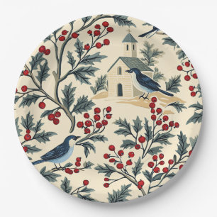 Plato De Papel Azul Vintage Bluebird Acebo Navidad Crema Rojo