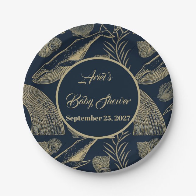 Plato De Papel Azul vintage de ballena náutica (Anverso)