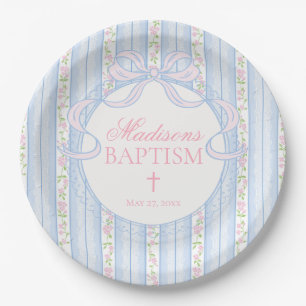 Plato De Papel Azul Vintage Elegante Floral Bautizo