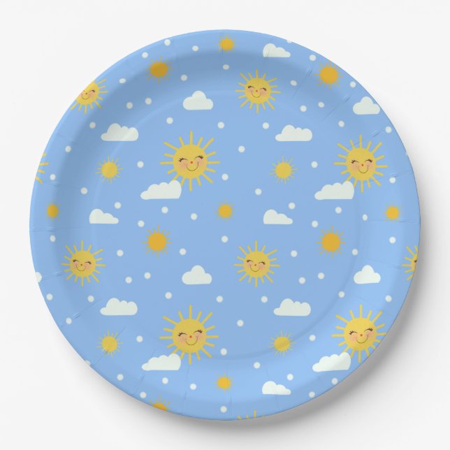 Plato De Papel Azul Y Amarillo Sunshine Cielo Nublado (Anverso)