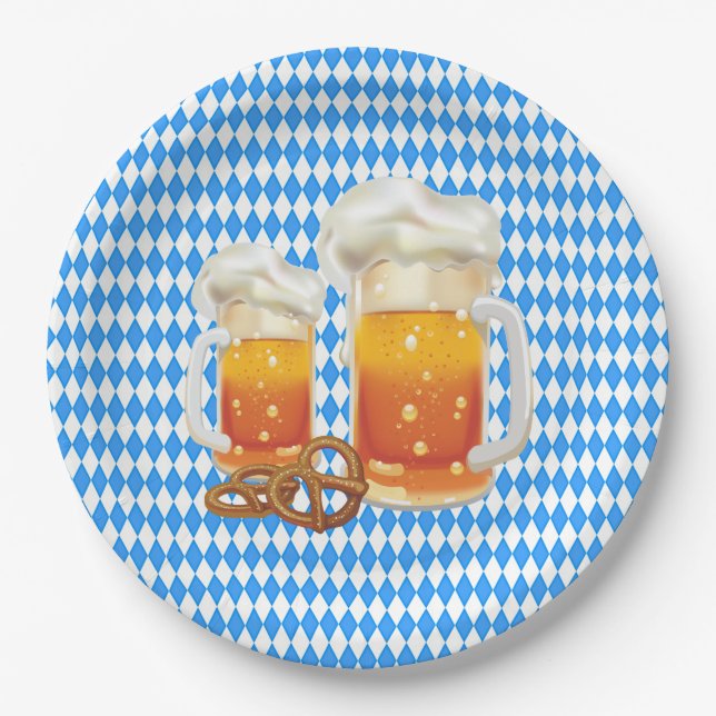 Plato De Papel Azul y blanco con cerveza Steins Oktoberfest (Anverso)