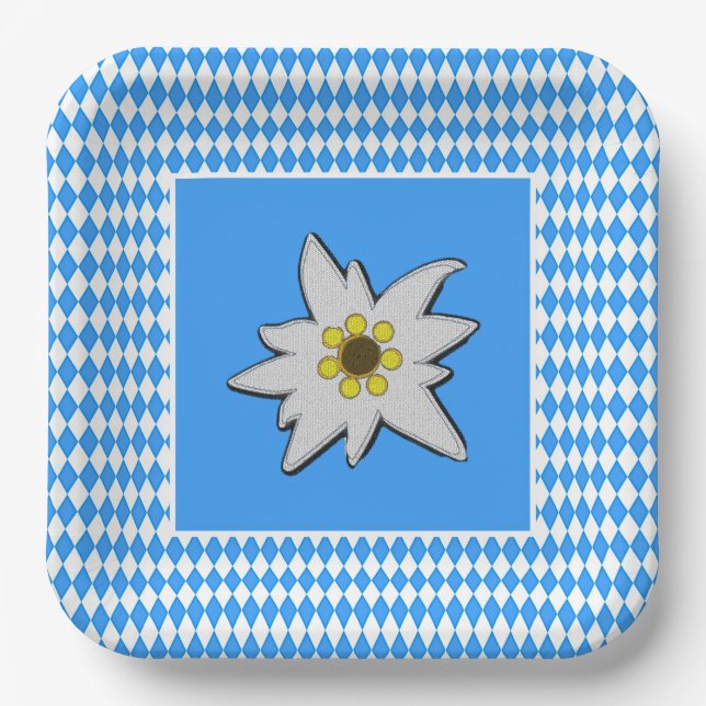 Plato De Papel Azul y blanco con Edelweiss Oktoberfest (Anverso)