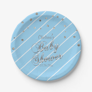 Plato De Papel Azul y de plata bonitos - Baby Shower