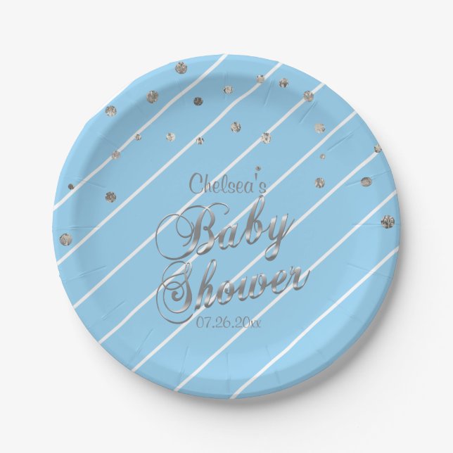 Plato De Papel Azul y de plata bonitos - Baby Shower (Anverso)