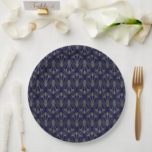 Plato De Papel Azul y oro de la marina de arte nouveau (Boda)