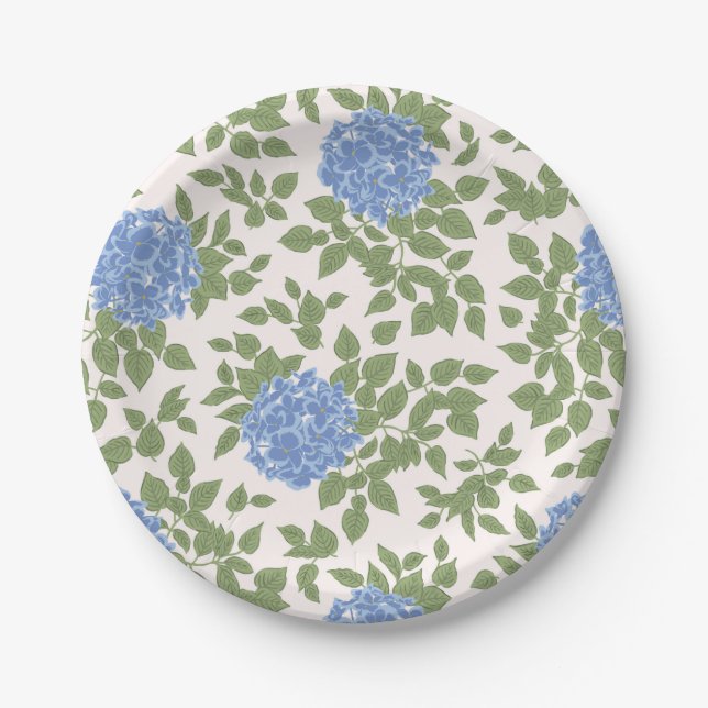 Plato De Papel Azul y verde Hydrangea Florals (Anverso)