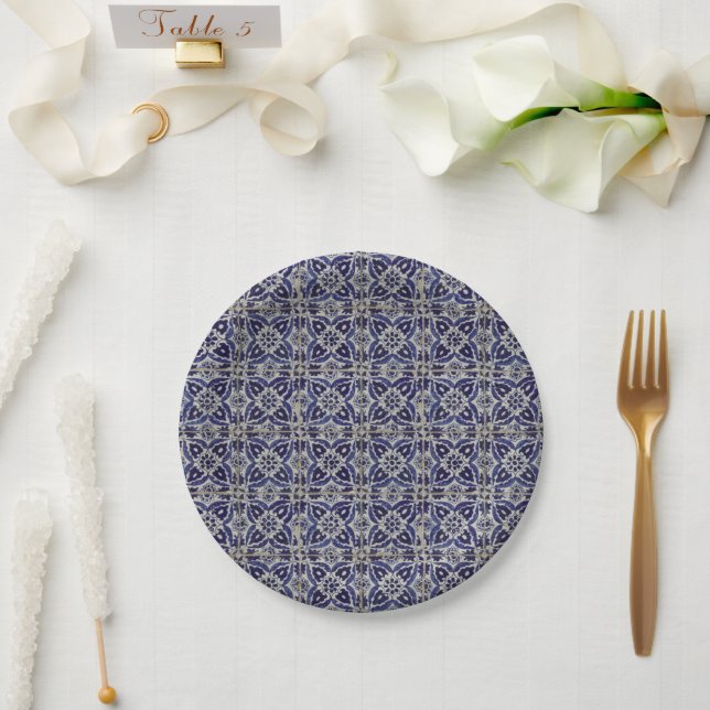 Plato De Papel Azulejo azul azul blanco geométrico ruso italiano (Boda)
