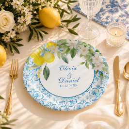 Plato De Papel Azulejo Azul Mediterráneo y Boda de Limón