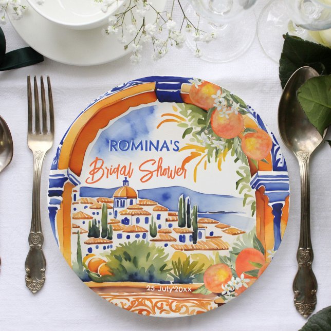 Plato De Papel azulejo azul naranja talavera azulejos ducha de no (Orange blue azulejo talavera tiles Spanish citrus summer bridal shower template printed paper plates)