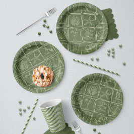 Plato De Papel Azulejo Costero Mediterráneo Dibujado a Mano Oliva
