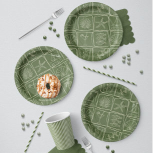 Plato De Papel Azulejo Costero Mediterráneo Dibujado a Mano Oliva
