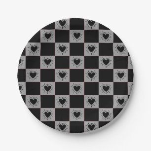Plato De Papel Azulejo de cuadros negro y gris con patrón de cora