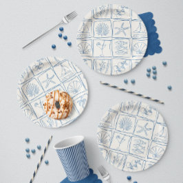 Plato De Papel Azulejo de Lino Costero Mediterráneo Dibujado a Ma