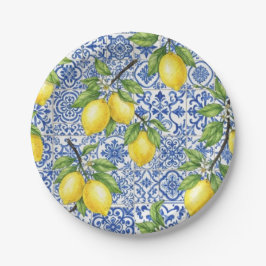 Plato De Papel Azulejo de Mayólica Azul, Limón Siciliano