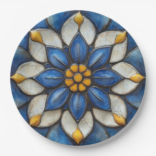 Plato De Papel Azulejo floral Blanco azul y amarillo