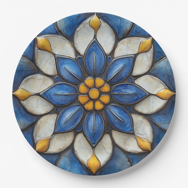 Plato De Papel Azulejo floral Blanco azul y amarillo (Anverso)