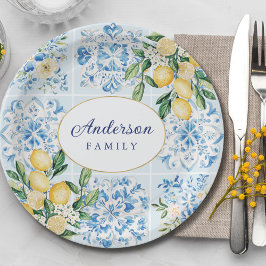 Plato De Papel Azulejo Italiano Azul Acuarela Personalizado Limón