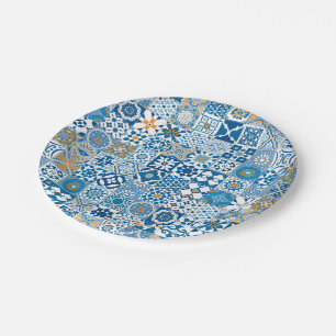 Plato De Papel Azulejo marroquí - azul y naranja
