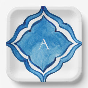 Plato De Papel Azulejo Monograma Azul Cobalto Mediterráneo