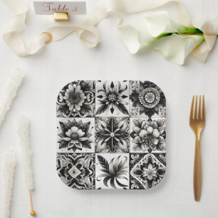 Plato De Papel Azulejo negro y blanco