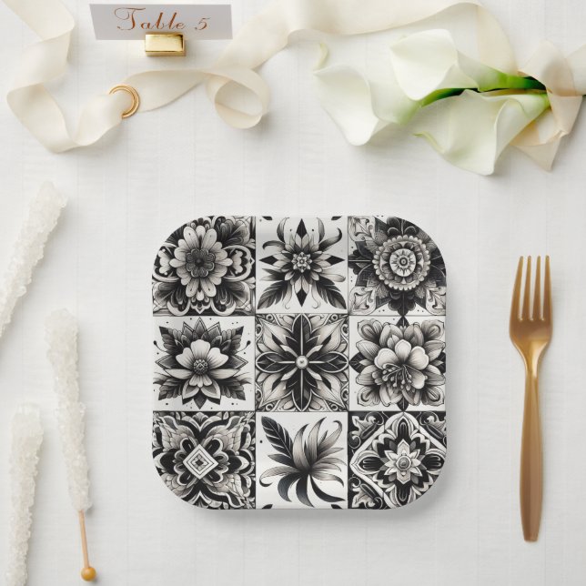 Plato De Papel Azulejo negro y blanco (Boda)