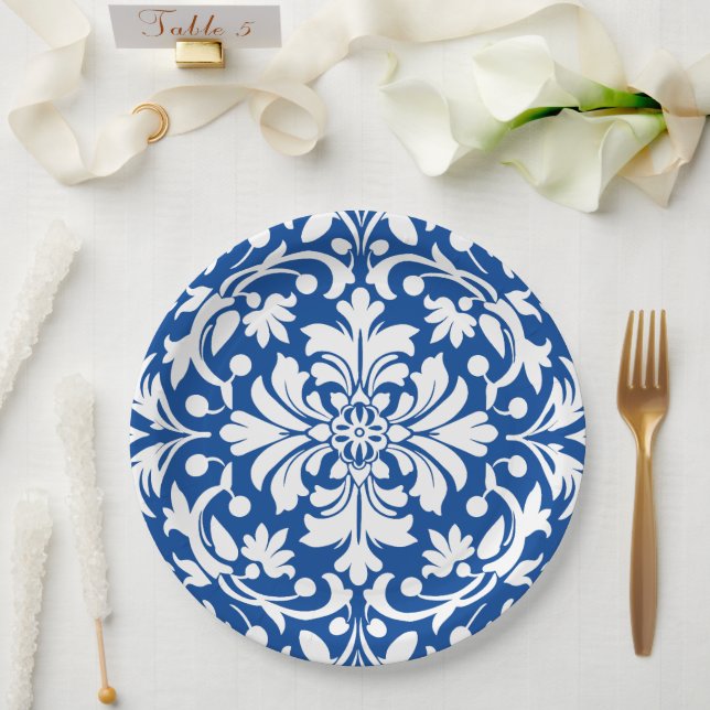 Plato De Papel Azulejo Ornamental Damask Blanco y Azul (Boda)