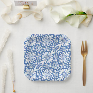 Plato De Papel Azulejo Ornamental de Damasco Blanco y Azul