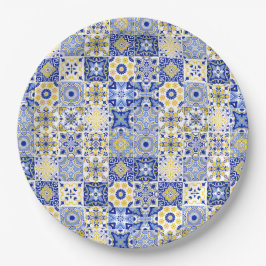 Plato De Papel Azulejo portugués de mayólica mosaico azul y amari