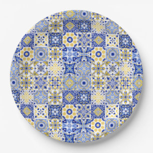 Plato De Papel Azulejo portugués de mayólica mosaico azul y amari