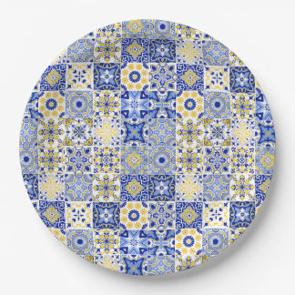 Plato De Papel Azulejo portugués de mayólica mosaico azul y amari