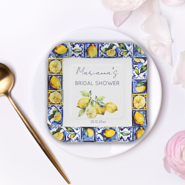 Plato De Papel Azulejos azules de Amalfi Positano limones ducha d (Amalfi Positano blue Majolica tiles lemons bridal shower tableware personalized napkins watercolor)