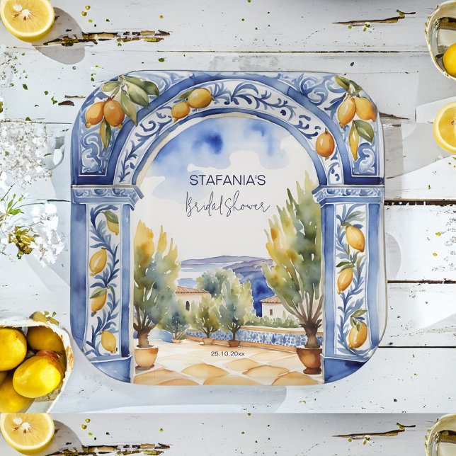 Plato De Papel Azulejos azules italianos leones arco ducha de nov (Italian Blue tiles arch lemons bridal shower tableware personalized Paper Plates watercolor majolica)