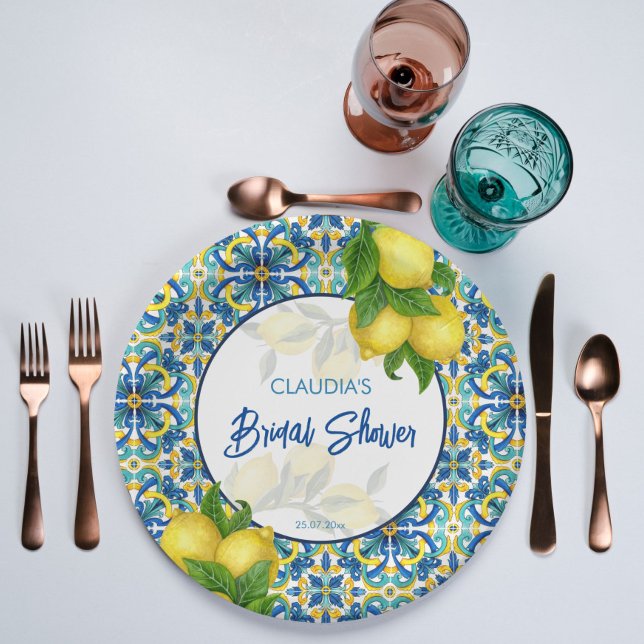 Plato De Papel Azulejos azules limón Amalfi Positano ducha de nov (Subido por el creador)