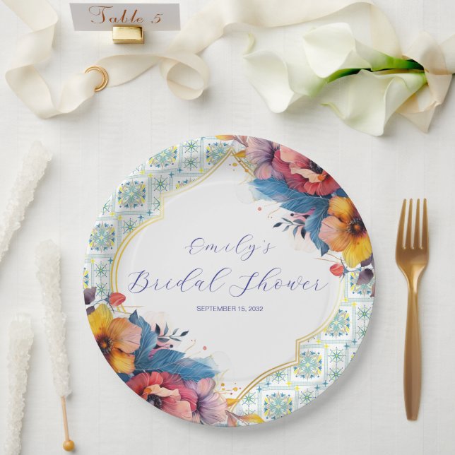 Plato De Papel Azulejos Azules Mediterráneos Elegante Despedida d (Boda)